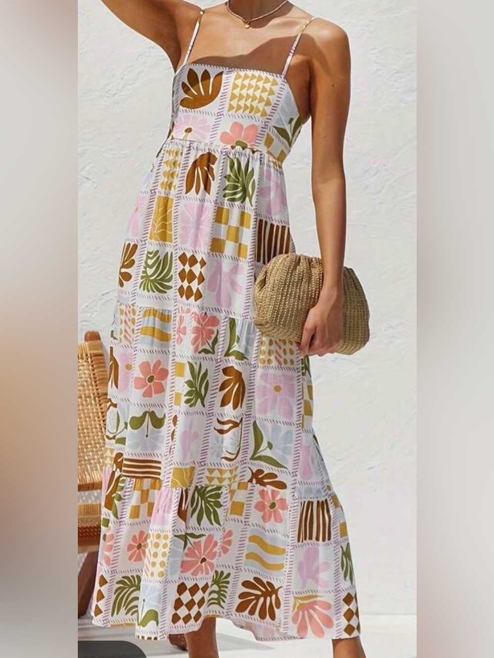 Bohemian Patchwork Maxi Dress - White Pink Green